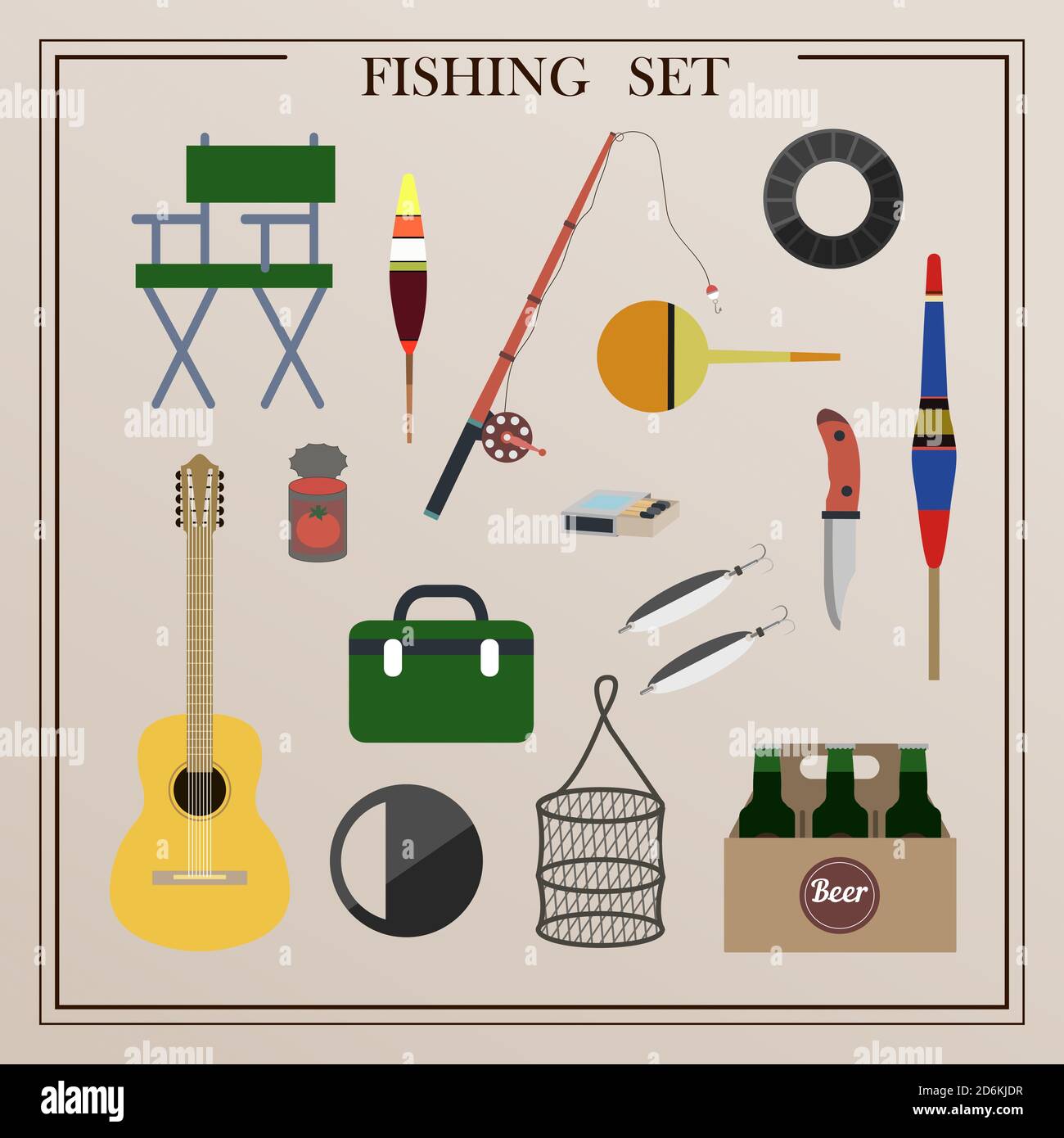 Un ensemble d'articles pour la pêche avec des filets et une canne à pêche. Illustrations vectorielles d'objets isolés pour la capture d'animaux marins. Canne à pêche, flotteurs, filets, couteau de camping, allumettes, lanterne, spinning, thermos, chaise de camping, matériel de pêche, vêtements de pêche. Conception plate d'attributs de dessin animé pour les activités de plein air. Illustration de Vecteur