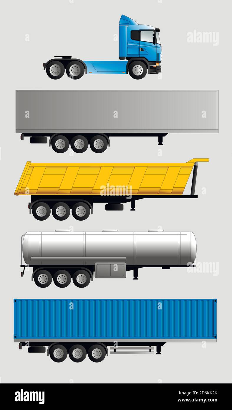 Variantes de semi-remorques pour un camion pour la livraison de marchandises diverses. Transport de marchandises, réservoir, fourgonnette, conteneur, camion-benne. Vecteur isolé sur un Illustration de Vecteur