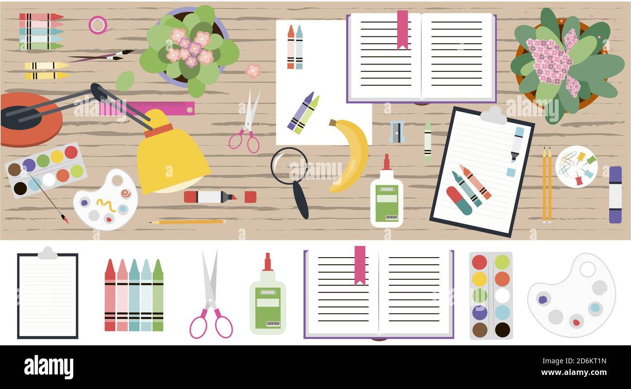 Vue de dessus d'une table de travail en bois avec articles de papeterie. Illustration vectorielle plate d'un espace de travail pour un élève, un étudiant ou un employé de bureau. Un ensemble d'articles isolés livres, carnets, marqueurs, stylos, chemises, peintures, ciseaux, trombones, palettes, verres, règles. Bannière pour un Web, une publicité ou une application. Illustration de Vecteur