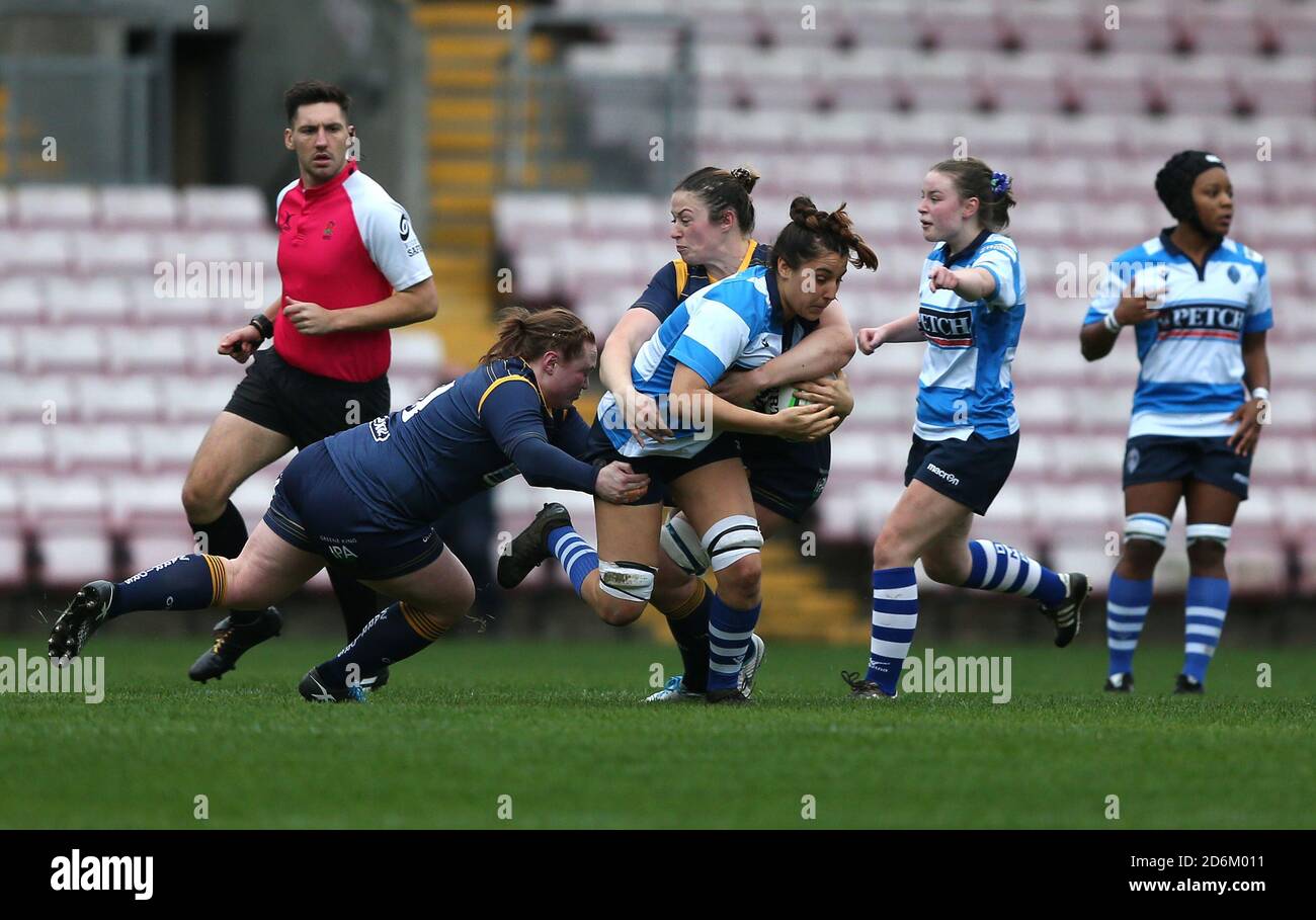 Maelle Picut, de Darlington Mowden Park Sharks, Laura Keates et Amelia Buckland-Sent, de Worcester Warriors Women, lors du match FÉMININ ALLIANZ PREMIER 15S entre Darlington Mowden Park Sharks et Worcester Warriors, au Northern Echo Arena, à Darlington, le samedi 17 octobre 2020. (Credit: Chris Booth | MI News) Credit: MI News & Sport /Alay Live News Banque D'Images