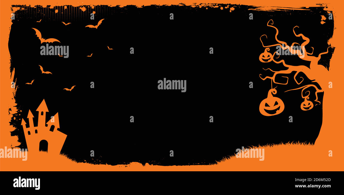 Modèle de fond de bannière horizontal Happy Halloween avec bordure orange grunge, chauve-souris, citrouille Illustration de Vecteur