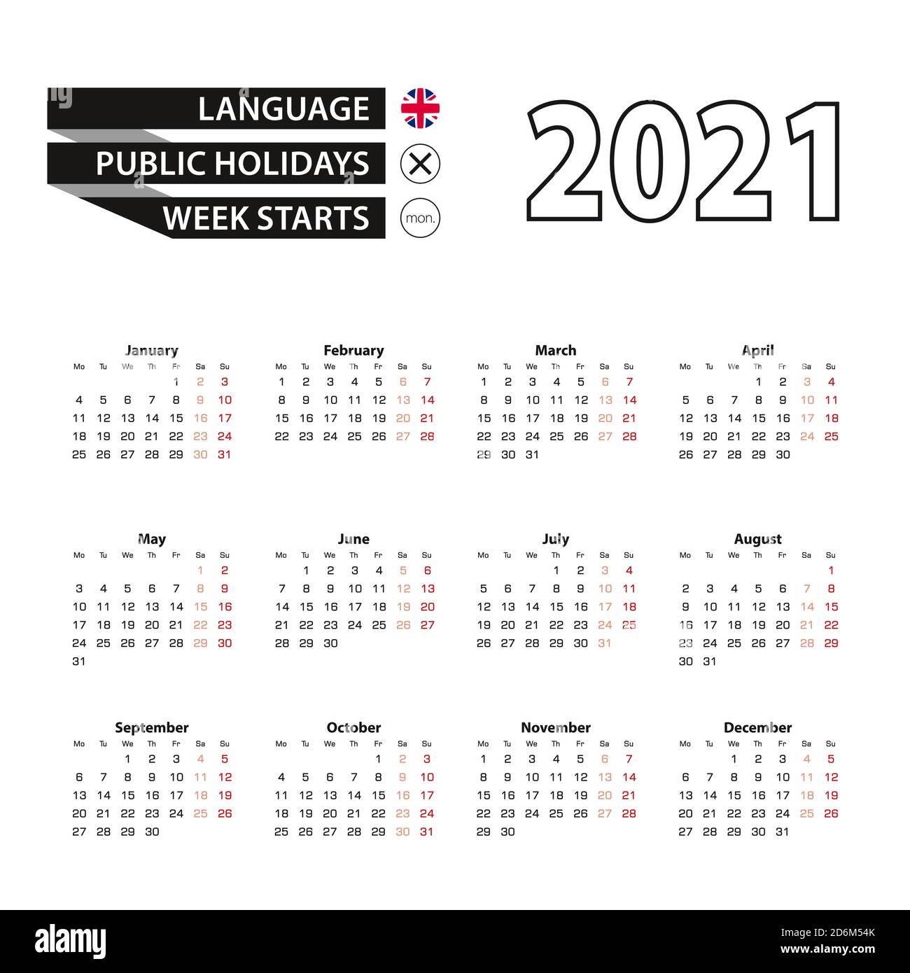 Calendrier 2021 en anglais, la semaine commence le lundi. Calendrier vectoriel 2021 ans. Illustration de Vecteur