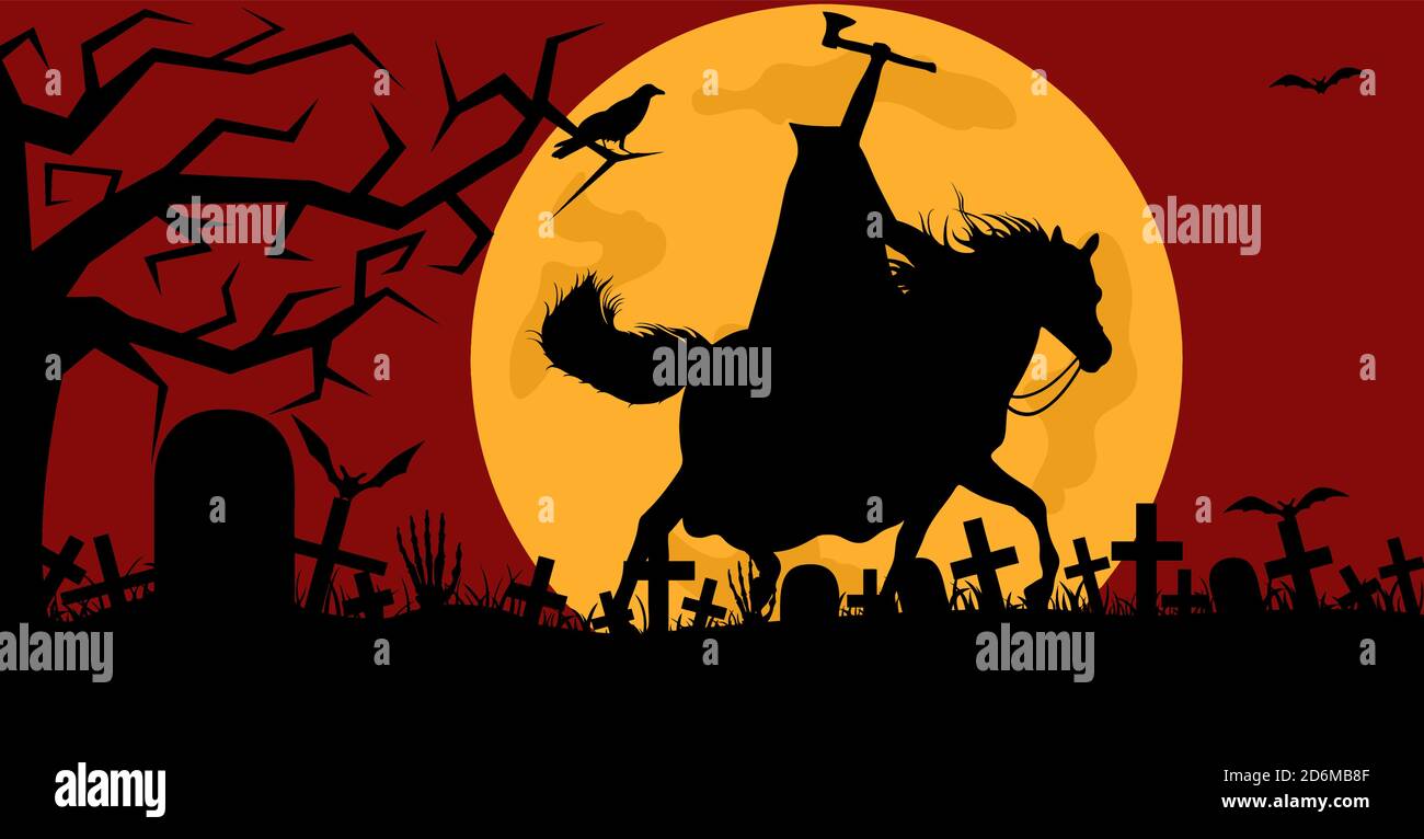 Homme sans tête à cheval dans un cimetière rouge en arrière-plan Illustration de Vecteur