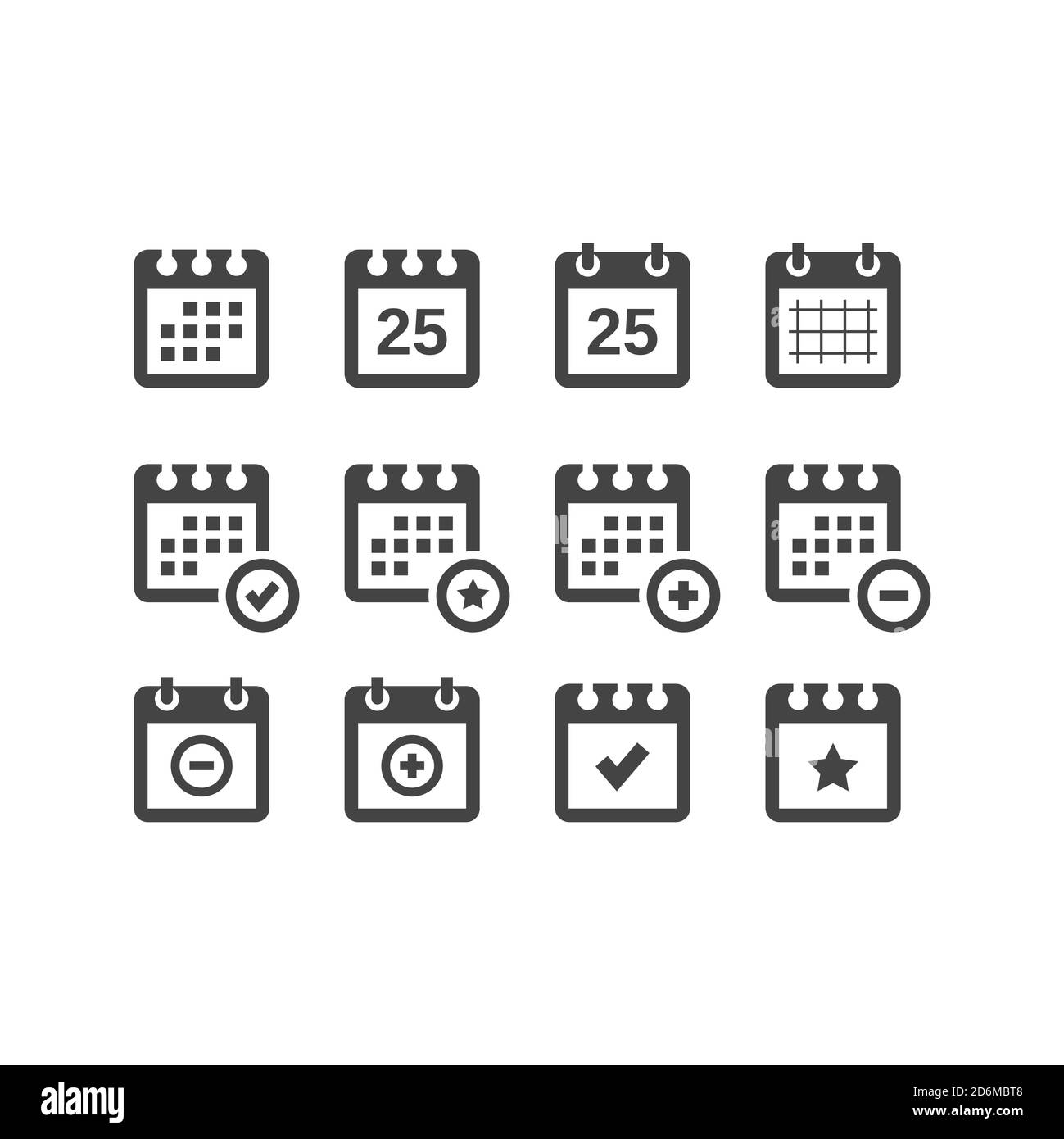 Ensemble d'icônes vectorielles noires du calendrier. Calendrier avec icônes de glyphe de date, d'étoile, de signe plus et de signe moins. Illustration de Vecteur