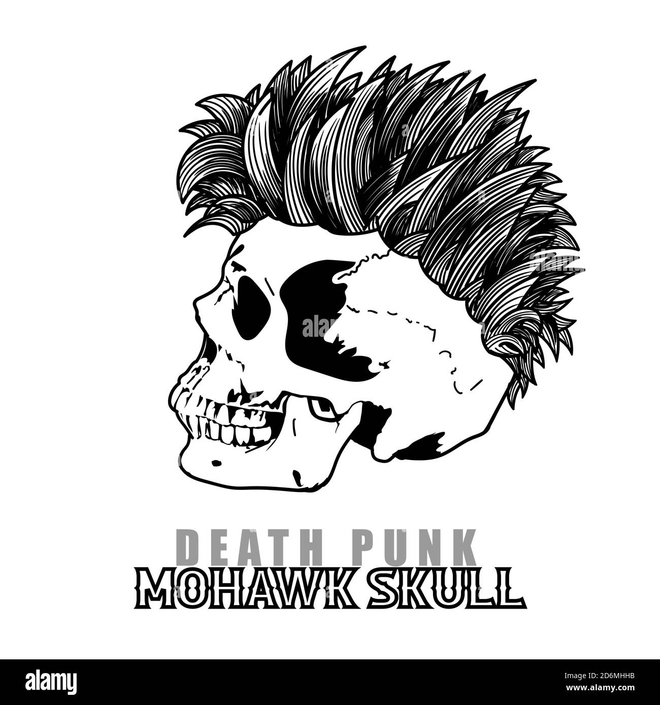 Crâne humain Punk avec style de cheveux mohawk isolé sur blanc. Illustration vectorielle. Illustration de Vecteur