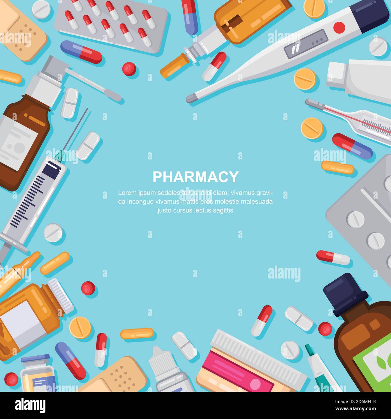 Cadre carré de pharmacie avec pilules, médicaments, flacons médicaux. Illustration à plat vectorielle de pharmacie. Bannière de médecine et de soins de santé, fond d'affiche Illustration de Vecteur