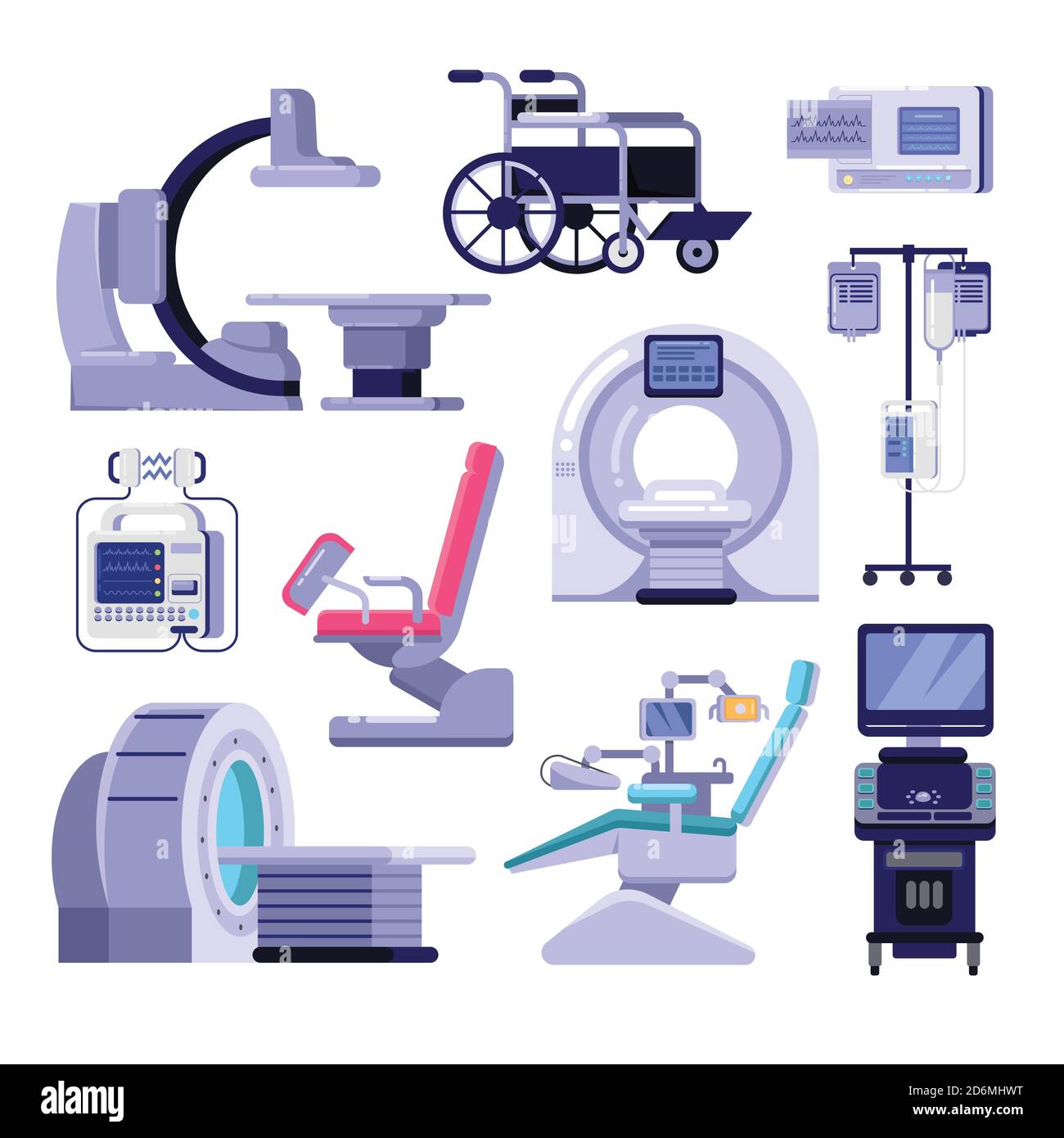 Équipement médical de diagnostic et d'examen. Illustration vectorielle d'un scanner IRM, d'une chaise de gynécologie et de dentiste, d'un fauteuil roulant, d'une transfusion sanguine, d'un cardiologue Illustration de Vecteur