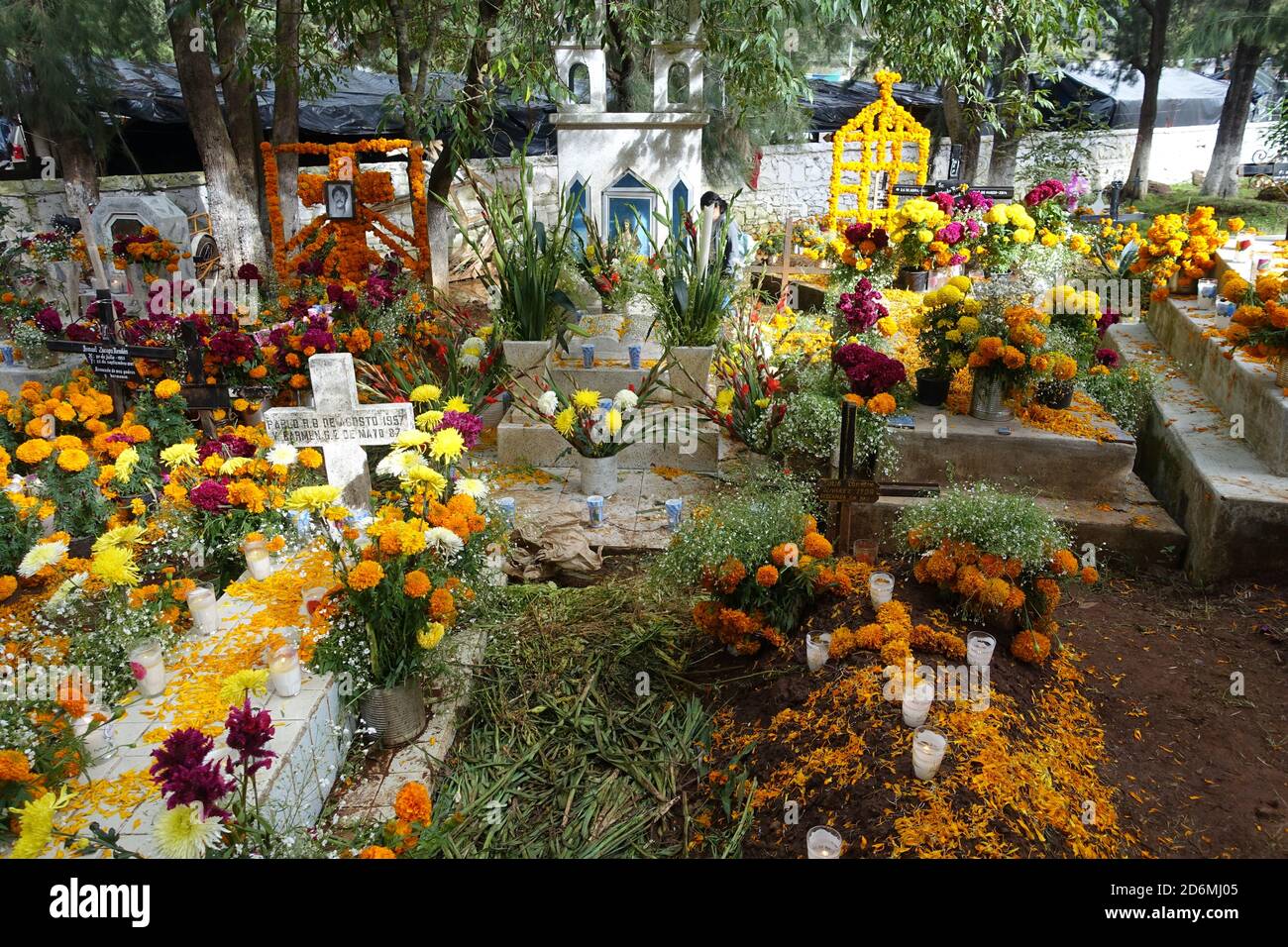 Les marigolds connus au Mexique, comme la « fleur des morts » décorent les tombes à Patzcuaro pendant le jour des morts lorsque les familles se rappellent de leurs proches. Banque D'Images