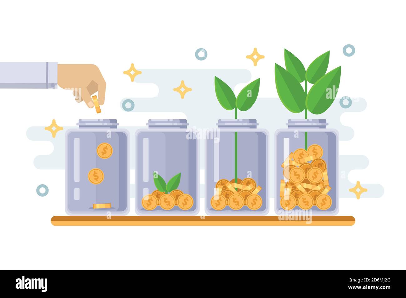 Investissement et financement de la croissance business concept. Mettez la pièce à la main dans une bouteille transparente. Arbre vert croissant à partir de pièces de monnaie. Illustrat vectoriel isolé à plat Illustration de Vecteur