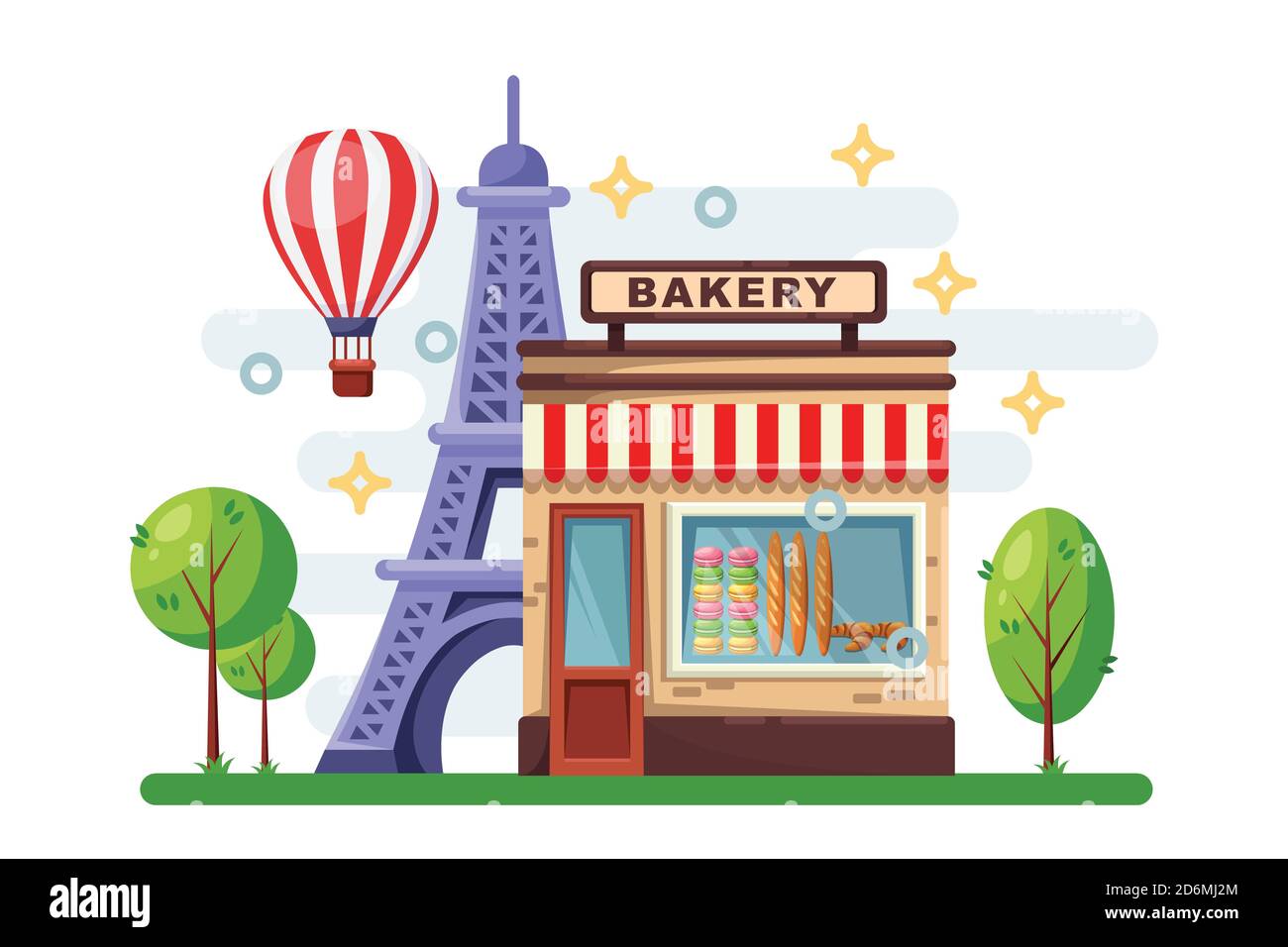 Boulangerie française avec baguette, macarons, croissant sur la fenêtre du magasin. Paris avec la Tour Eiffel et le café de rue. Illustration vectorielle plate. Illustration de Vecteur Boulangerie française avec baguette, macarons, croissant sur la fenêtre du magasin. Paris avec la Tour Eiffel et le café de rue. Illustration vectorielle plate. Illustration de Vecteur