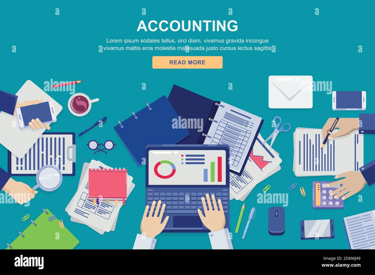 Processus de travail au bureau, illustration de la vue de dessus plane vectorielle. Comptabilité, analyse des données d'entreprise et concept d'audit financier. Illustration de Vecteur