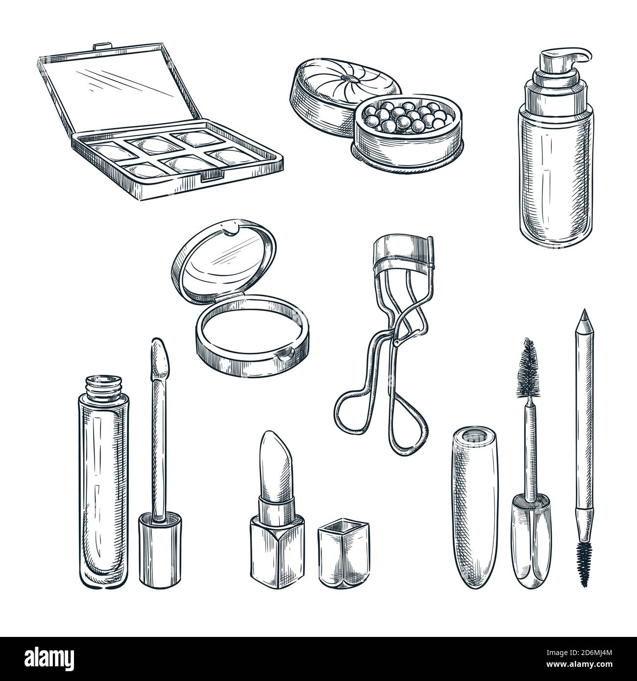 Illustration de l'esquisse vectorielle des cosmétiques de maquillage. Articles de mode pour femmes. Produits de beauté et de soins isolés dessinés à la main. Illustration de Vecteur