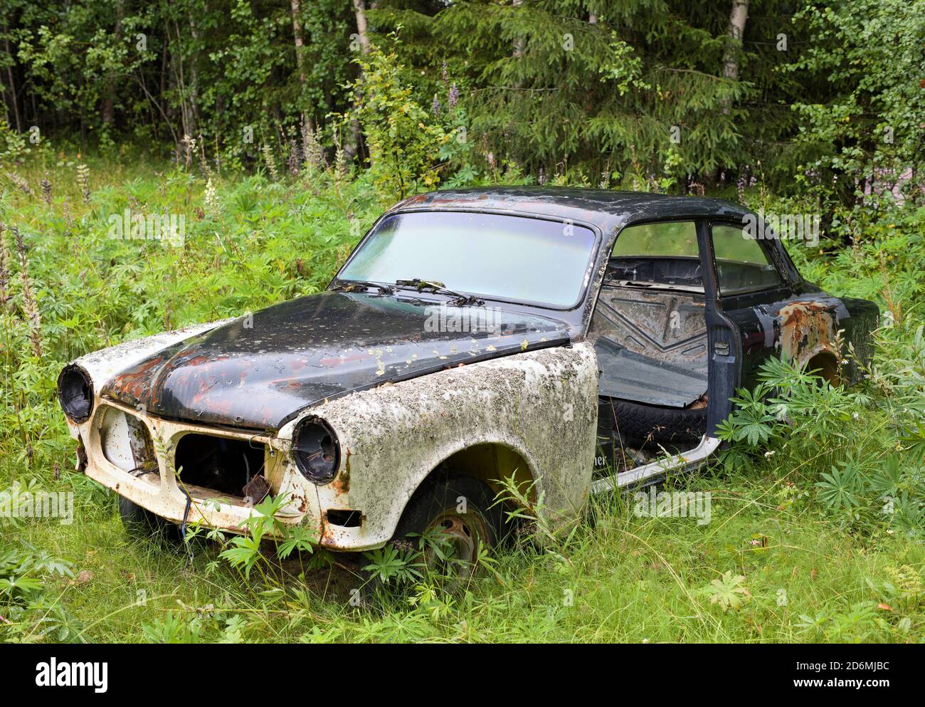 Ancienne Volvo Amazon en décomposition sur une propriété du nord de la Suède abandonnée Banque D'Images