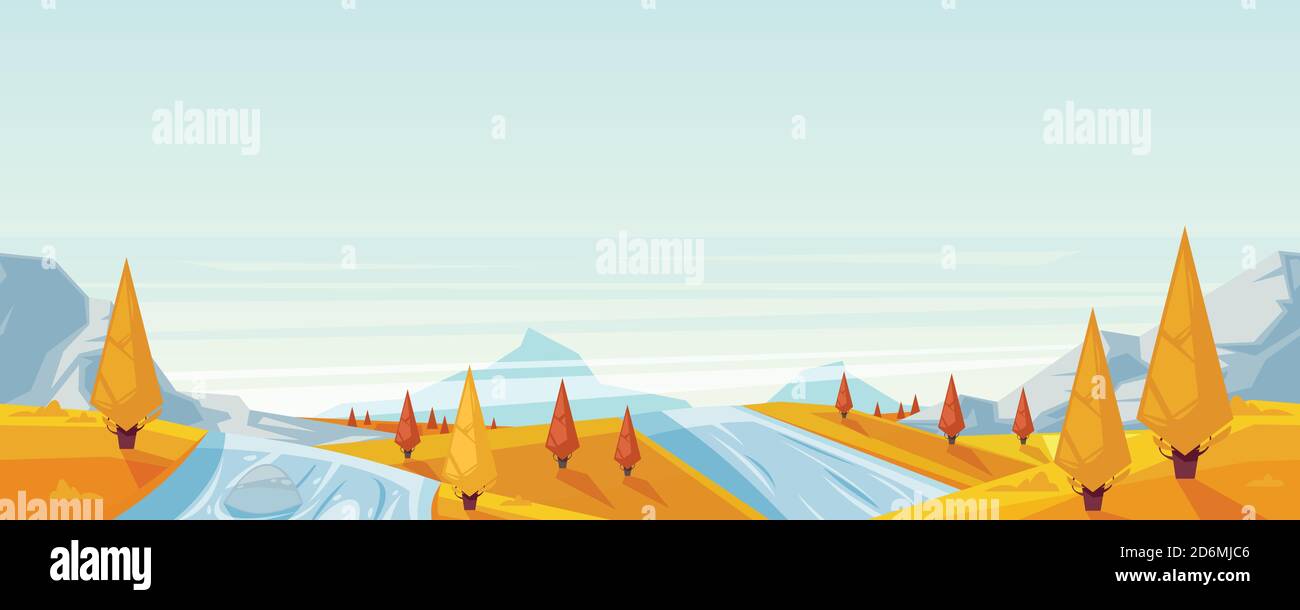 Fond horizontal paysage d'automne transparent. Illustration vectorielle de la saison d'automne des montagnes, des collines, des prairies jaunes, du lac et de la rivière. Voyage, extérieur Illustration de Vecteur