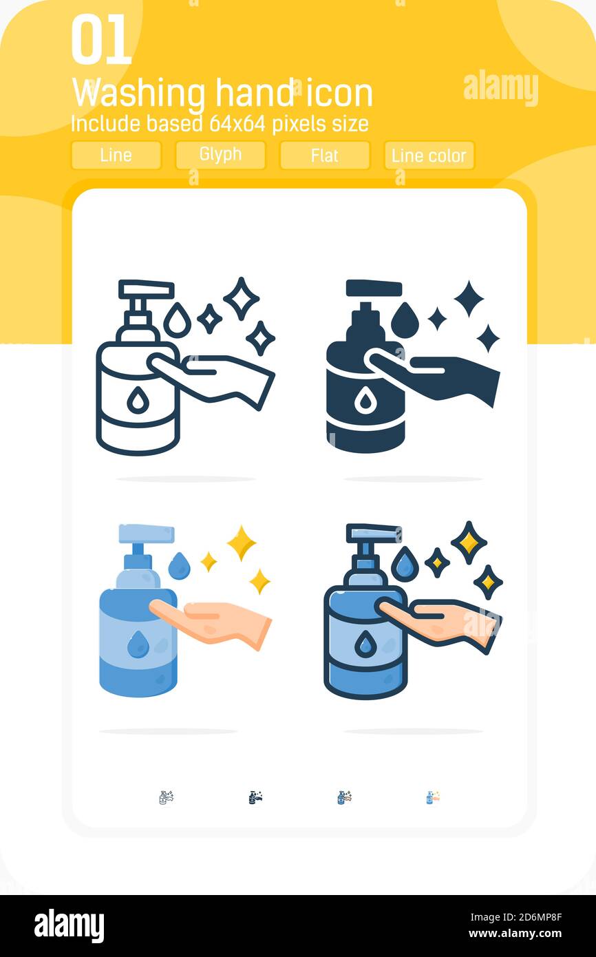 Laver la main avec un ensemble d'icônes de savon liquide aseptisant avec style multiple isolé sur fond blanc. Conception d'icônes vectorielles pour le graphisme, la conception Web et les applications Illustration de Vecteur