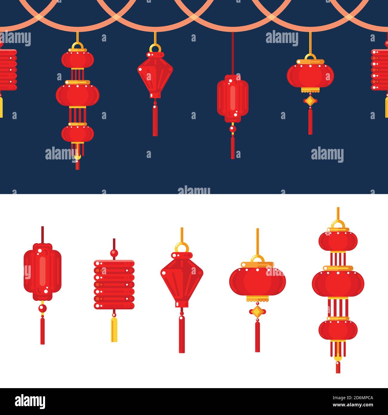 Ensemble d'icônes lanternes chinoises. Bordure horizontale sans couture vectorielle avec lampes rouges sur fond de nuit. Fêtes traditionnelles de Chine et décoration de festival. Illustration de Vecteur