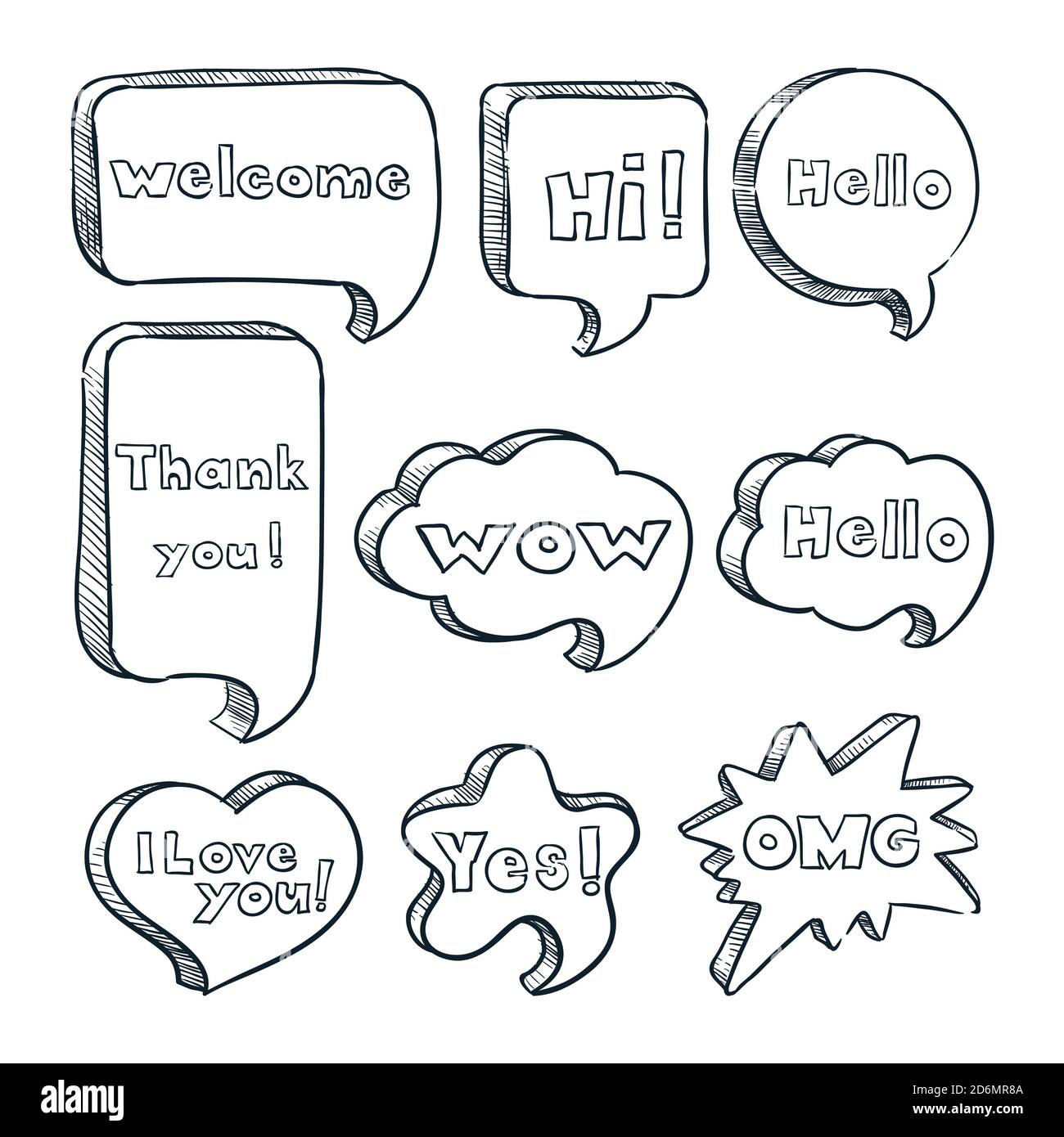 Bulles de parole avec mots et expressions, illustration d'esquisse vectorielle. Des nuages de texte de bande dessinée dessinés à la main avec des messages. Icônes de dialogue, autocollants et éléments de conception Illustration de Vecteur