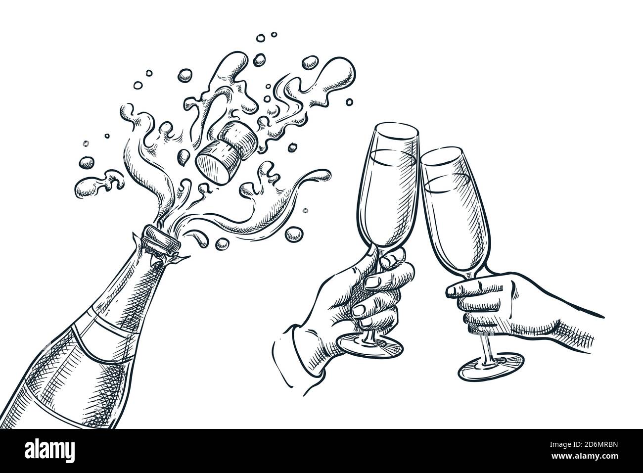 Bouteille de champagne explosion et deux mains avec verres à boire. Illustration du vecteur d'esquisse. Fête du nouvel an, de Noël ou de la Saint-Valentin Illustration de Vecteur