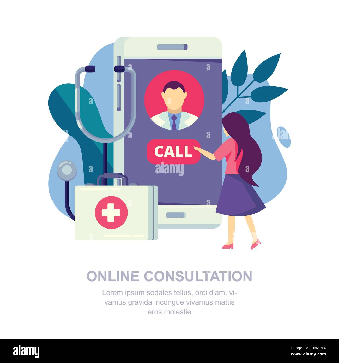 Consultation médicale en ligne, concept d'application mobile. Le patient appelle un médecin. Illustration vectorielle plate. Illustration de Vecteur