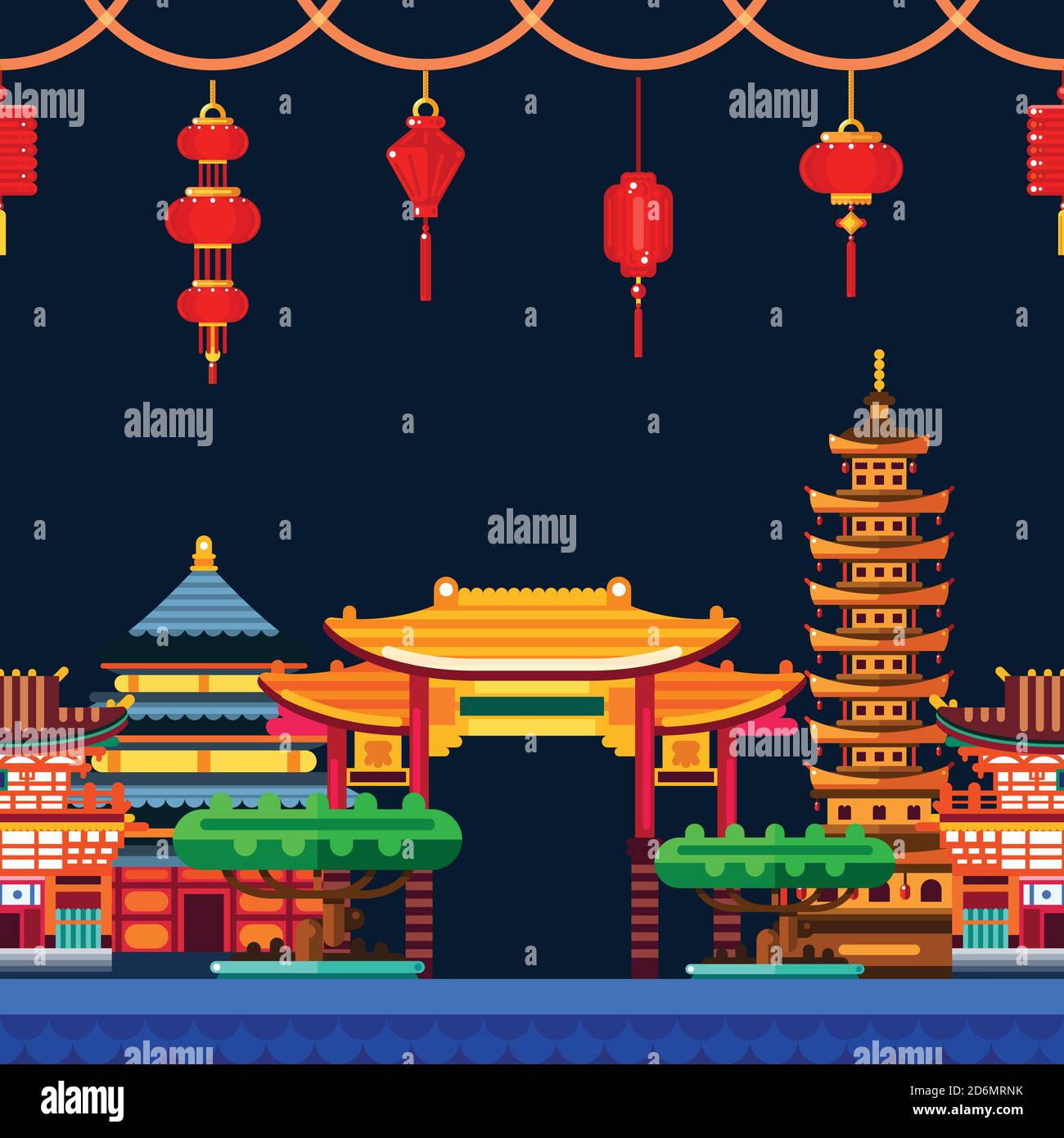 Ville chinoise fond horizontal sans couture. Illustration vectorielle plate de voyage en Chine. Paysage urbain asiatique de nuit avec monuments traditionnels du bâtiment. Illustration de Vecteur