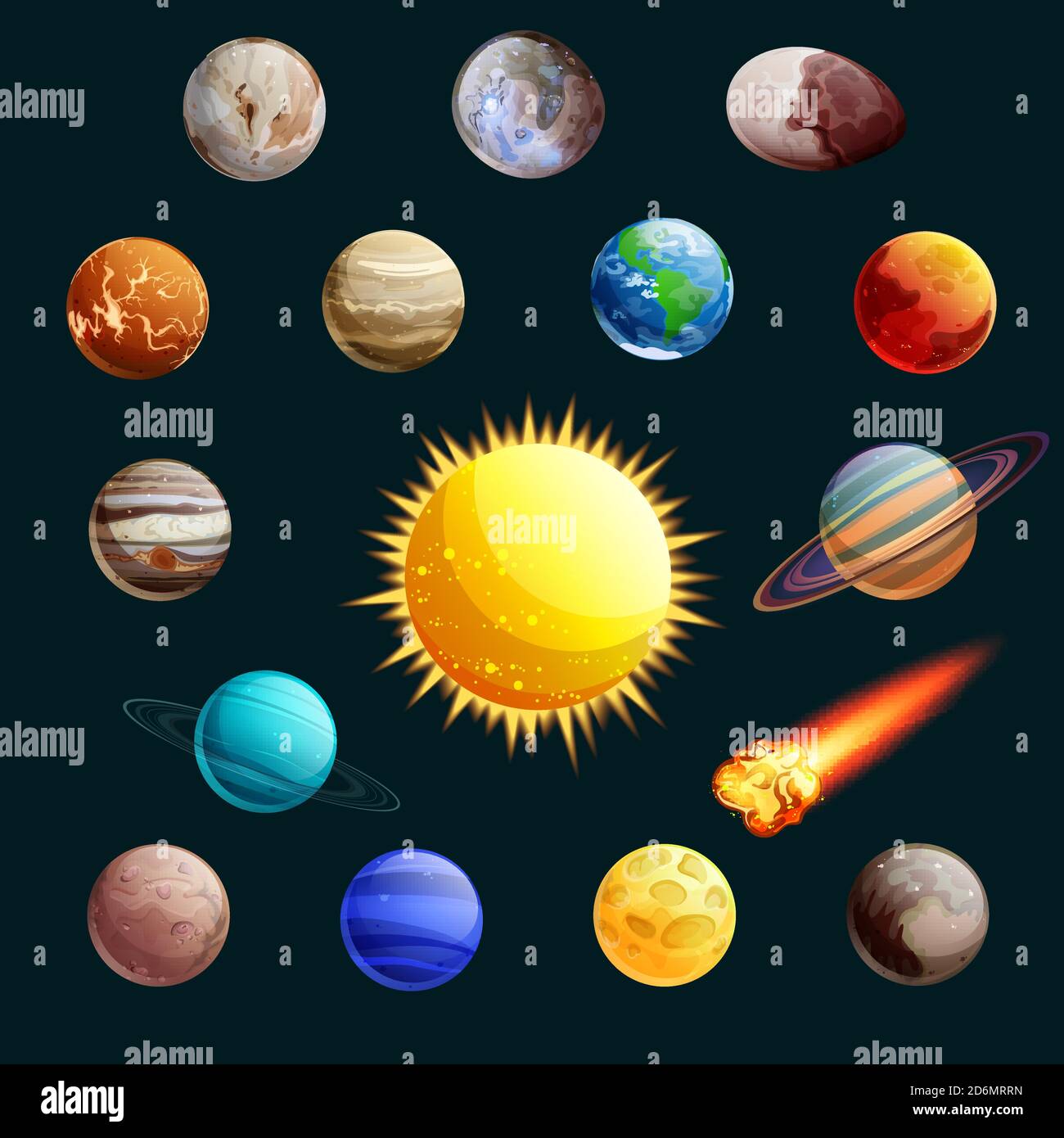 Illustration du vecteur du système solaire. Sun, planètes, satelites icônes d'espace de dessin animé et éléments de conception. Illustration de Vecteur