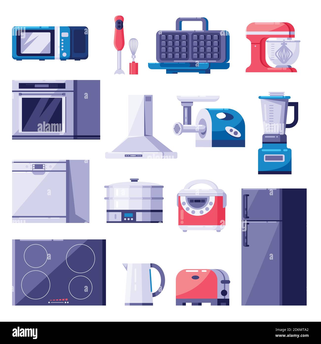 Cuisine maison appareils icônes et éléments de design ensemble. Appareils électroniques de cuisine modernes. Illustration vectorielle plate colorée. Illustration de Vecteur