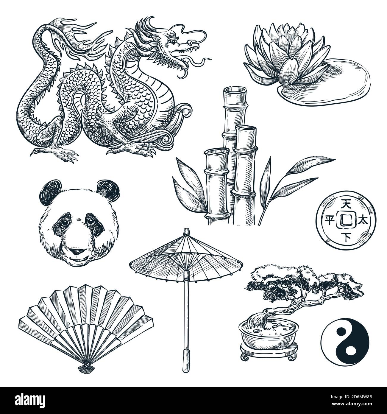 Symboles nationaux de Chine, illustration d'esquisse vectorielle. Dragon chinois, panda, bambou et fleur de lotus, isolé sur fond blanc. Illustration de Vecteur
