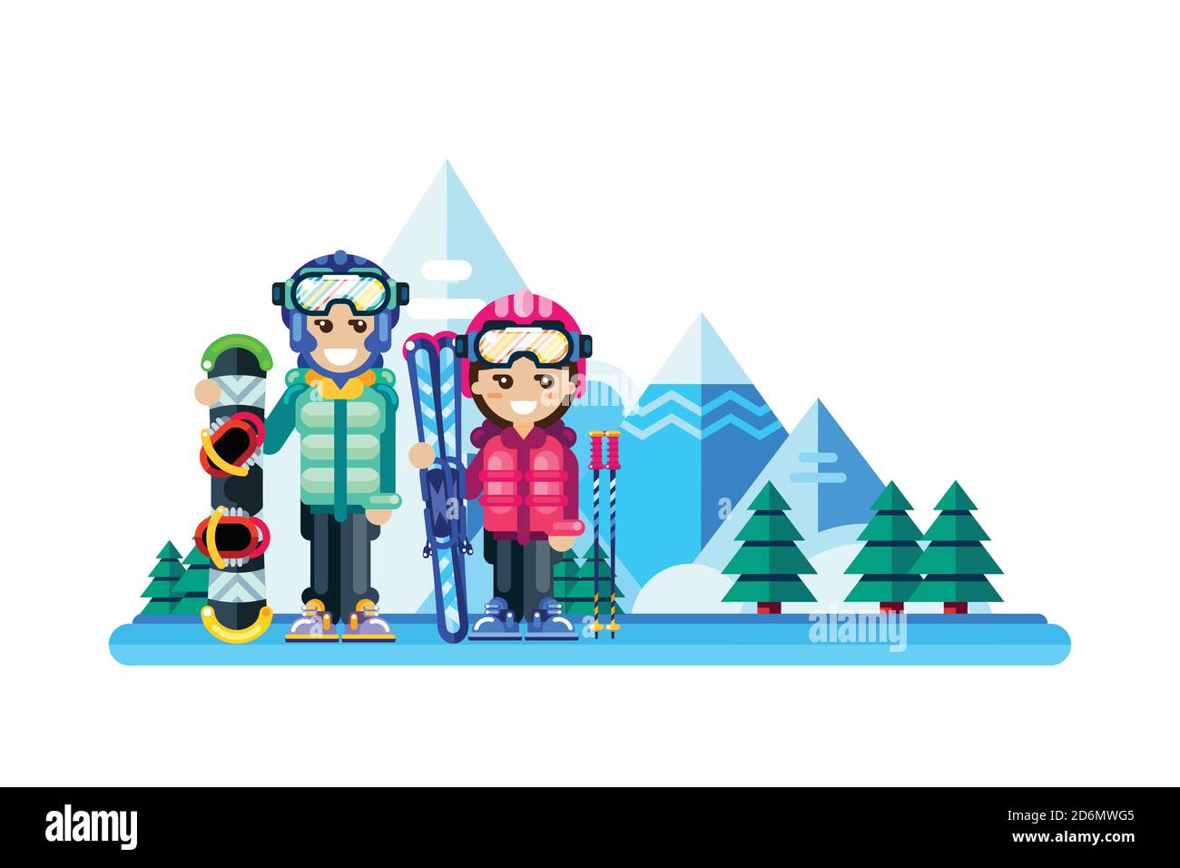 Couple heureux à la station de ski d'hiver, illustration vectorielle isolée à plat. Week-end en montagne, loisirs en plein air concept. Illustration de Vecteur