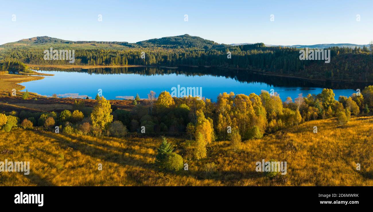 Vue aérienne sur le Loch Stroan en automne, la forêt de Galloway, Dumfries & Galloway, Écosse Banque D'Images