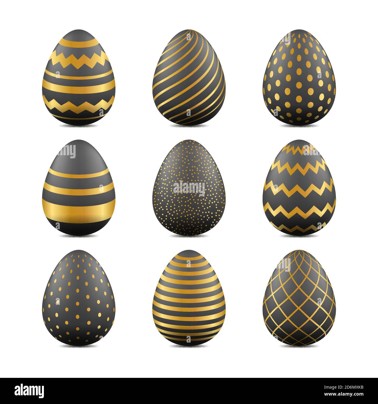 Oeufs réalistes en 3d de Pâques avec texture géométrique. Éléments de conception Vector Holiday. Motif noir et or. Illustration de Vecteur