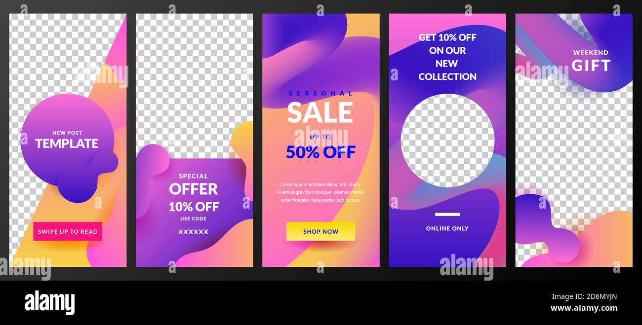 Modèle de scénario d'histoires pour le réseau social Instagram. Arrière-plan abstrait de l'histoire avec gradient de fluide néon. Design tendance pour la vente de mode et spécial o Illustration de Vecteur