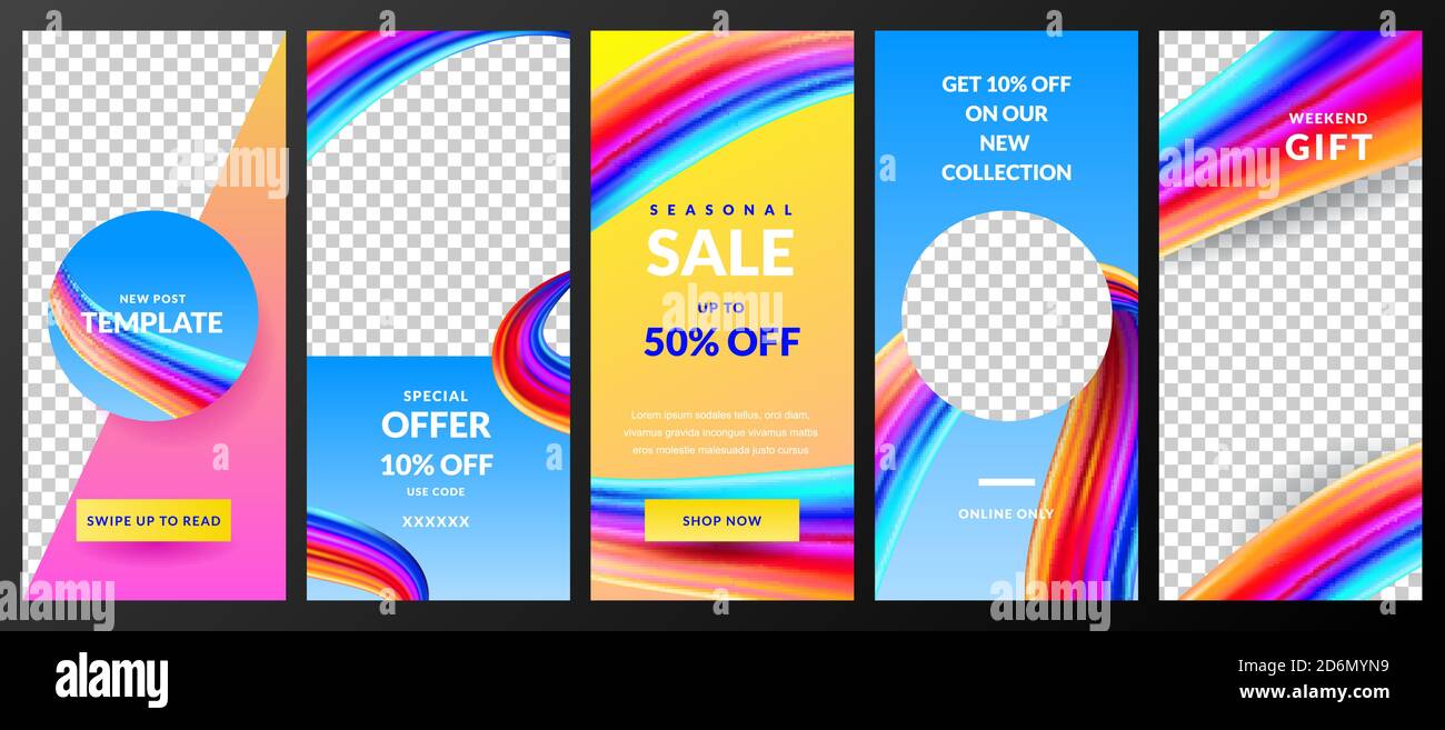 Modèle de scénario d'histoires pour le réseau social Instagram. Histoire abstraite fond blanc avec trait de pinceau dégradé. Design tendance pour la vente de mode Illustration de Vecteur