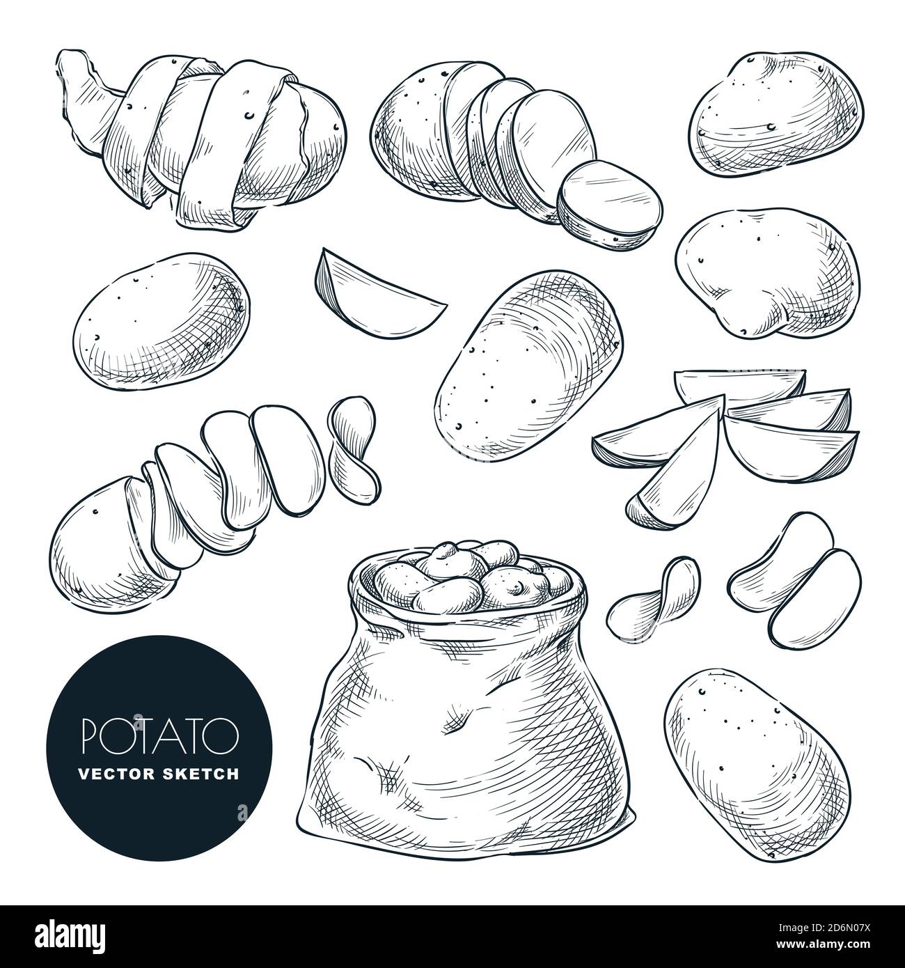 Illustration vectorielle d'esquisse de pommes de terre. Récolte de pommes de terre en sac. Éléments de conception isolés de l'agriculture et de la ferme dessinés à la main. Illustration de Vecteur