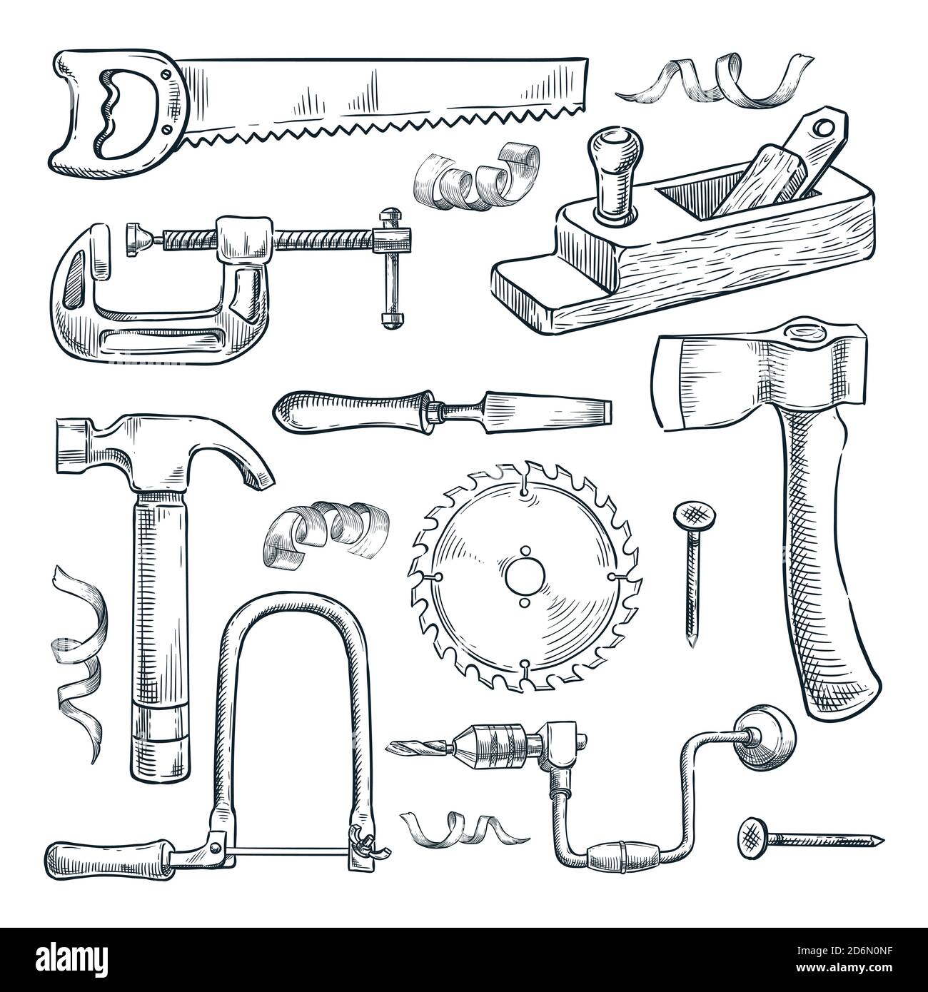 Ensemble d'outils de menuiserie et de menuiserie. Équipement d'atelier de menuisier, illustration vectorielle dessinée à la main. Industrie du bois et du mobilier desi Illustration de Vecteur