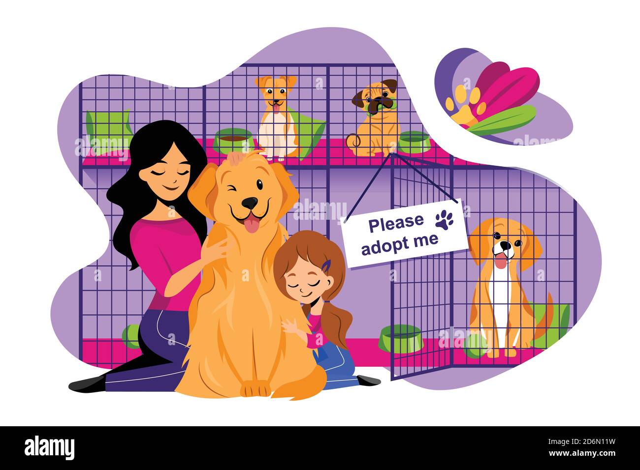 Illustration plate du vecteur d'abri pour animaux. Adoption du concept des animaux sans abri. Maman et fille adoptent le chien mignon de l'abri. Illustration de Vecteur