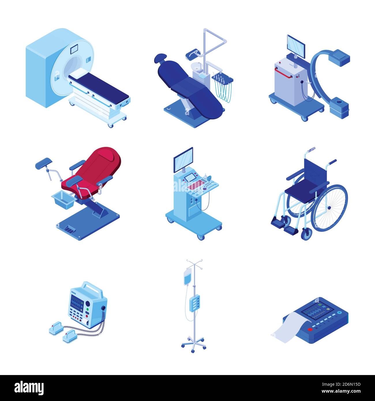 Équipement médical de diagnostic et d'examen. Illustration isométrique 3D vectorielle d'un scanner IRM, d'une chaise de dentiste et de gynécologie, d'un appareil de radiologie, Illustration de Vecteur