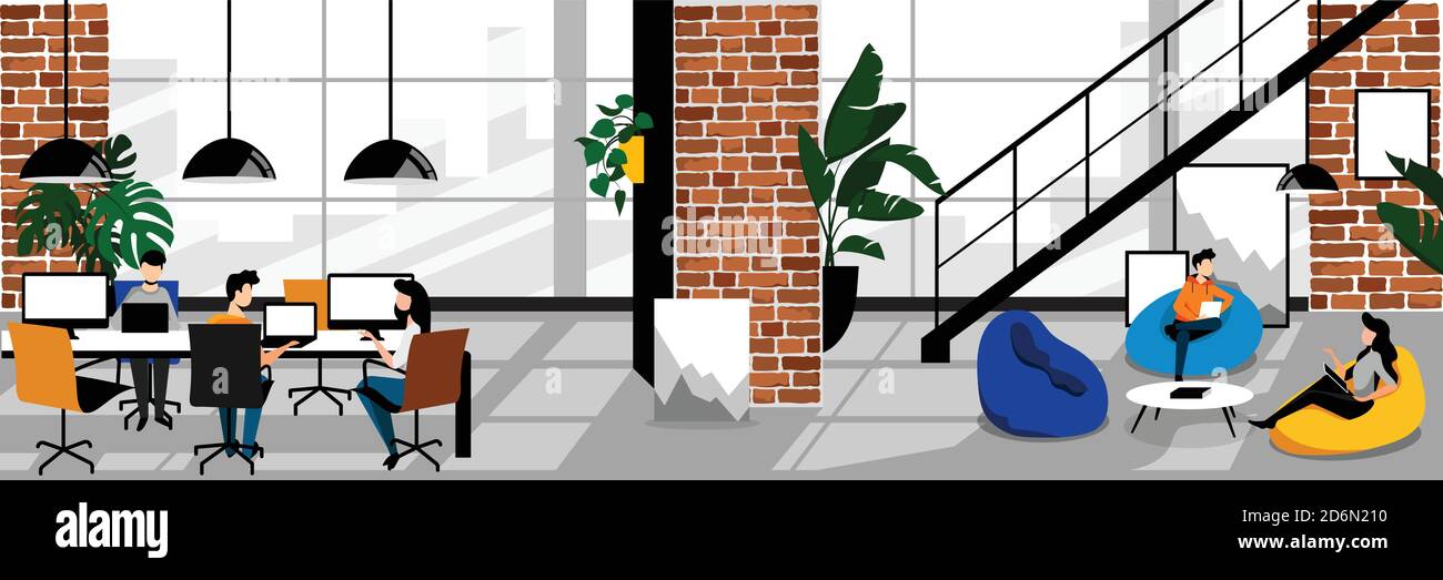 Travailleurs indépendants créatifs dans un bureau de travail de collègue moderne. Illustration de dessin animé plat tendance Vector. Espace de travail avec loft contemporain, cuisine industrielle Illustration de Vecteur