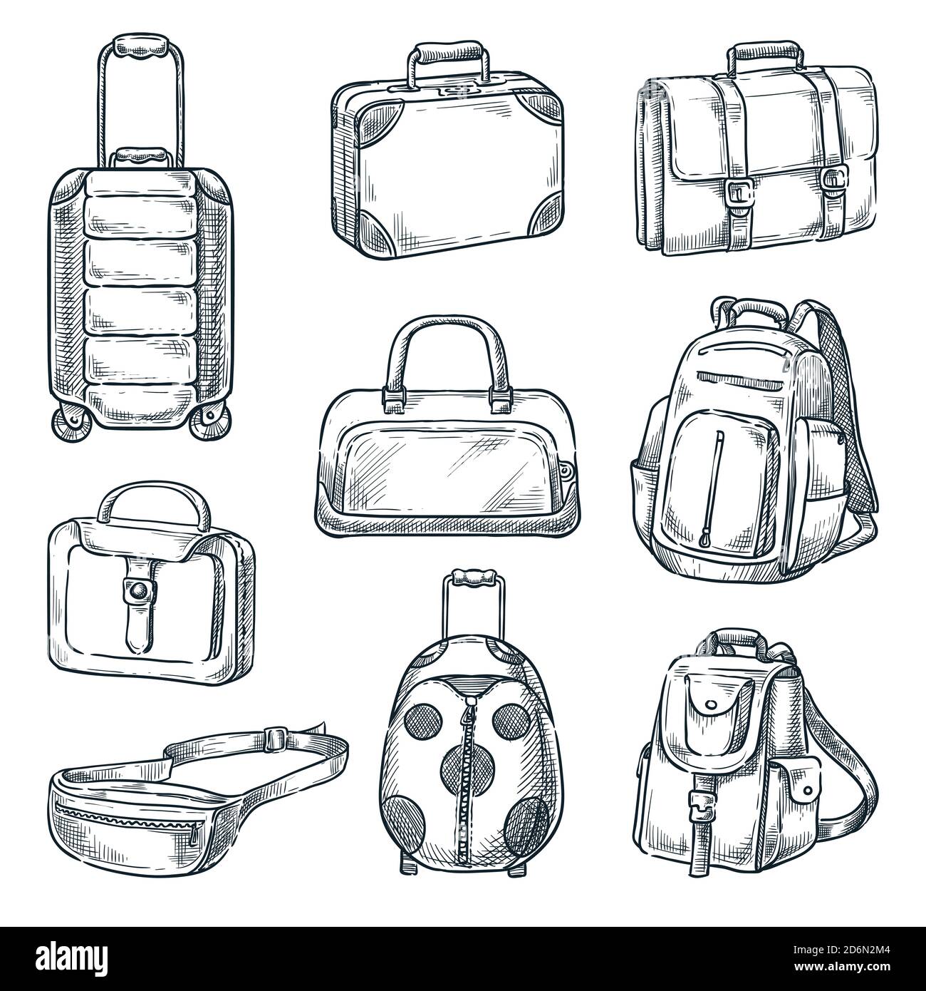 Valise à bagages et sacs à main icônes vintage ensemble, isolé sur fond blanc. Illustration d'esquisse vectorielle. Éléments de conception de bagages de voyage. Illustration de Vecteur