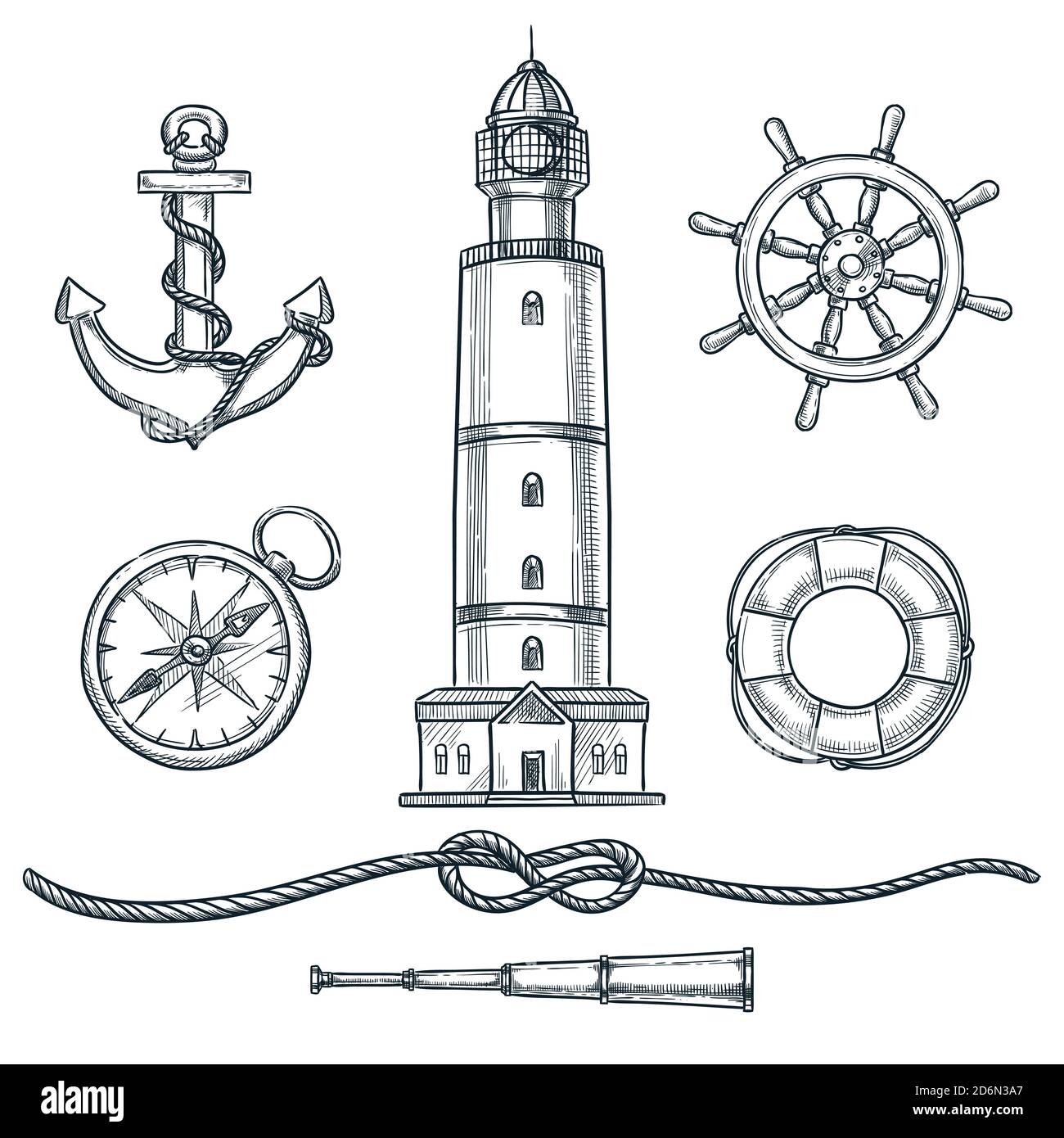 Ensemble de symboles marins vintage d'été. Illustration d'esquisse vectorielle dessinée à la main. Éléments de conception marins et marins isolés sur fond blanc. Illustration de Vecteur