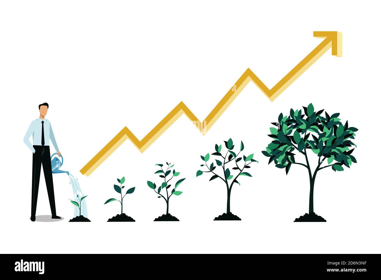 Investissement et financement de la croissance business concept. Homme d'affaires arrosoir petit germe vert. Illustration vectorielle plate. Cinq étapes de croissance de l'arbre et inc Illustration de Vecteur