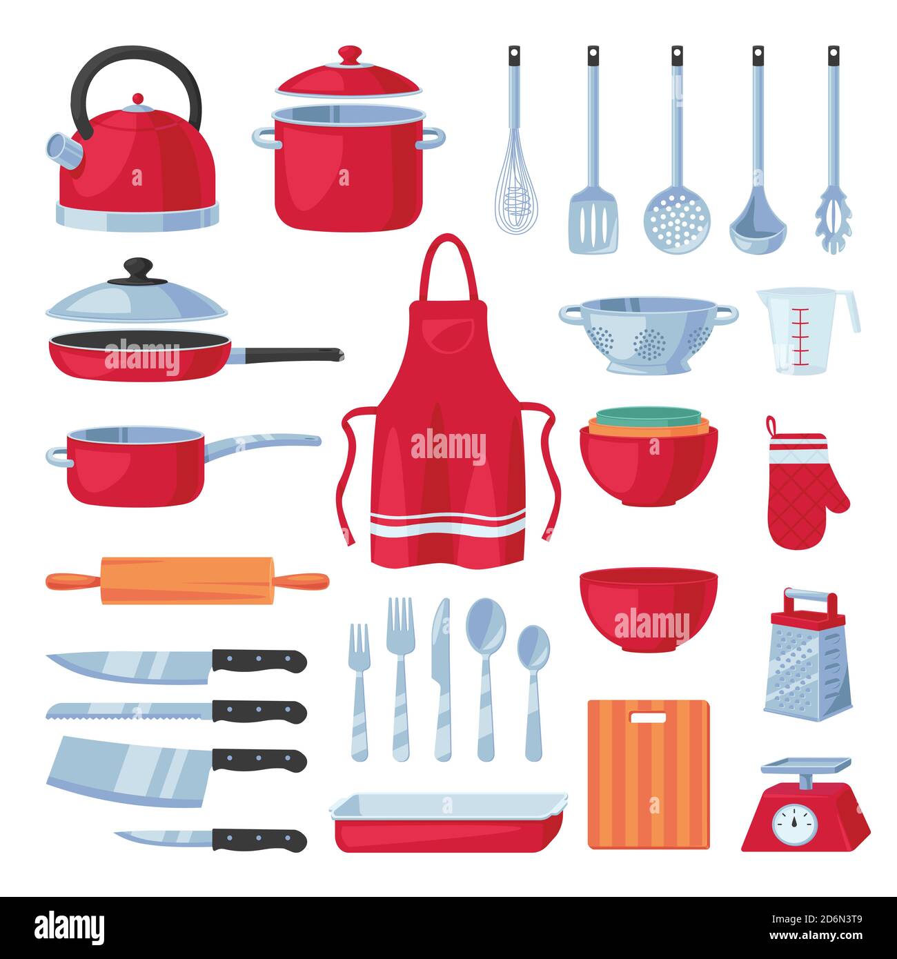 Ensemble d'éléments de conception d'ustensile de cuisine, isolé sur fond  blanc. Collection d'outils modernes pour la cuisine vectorielle et les ustensiles  de cuisine. Icône de dessin animé plat de la maison Image