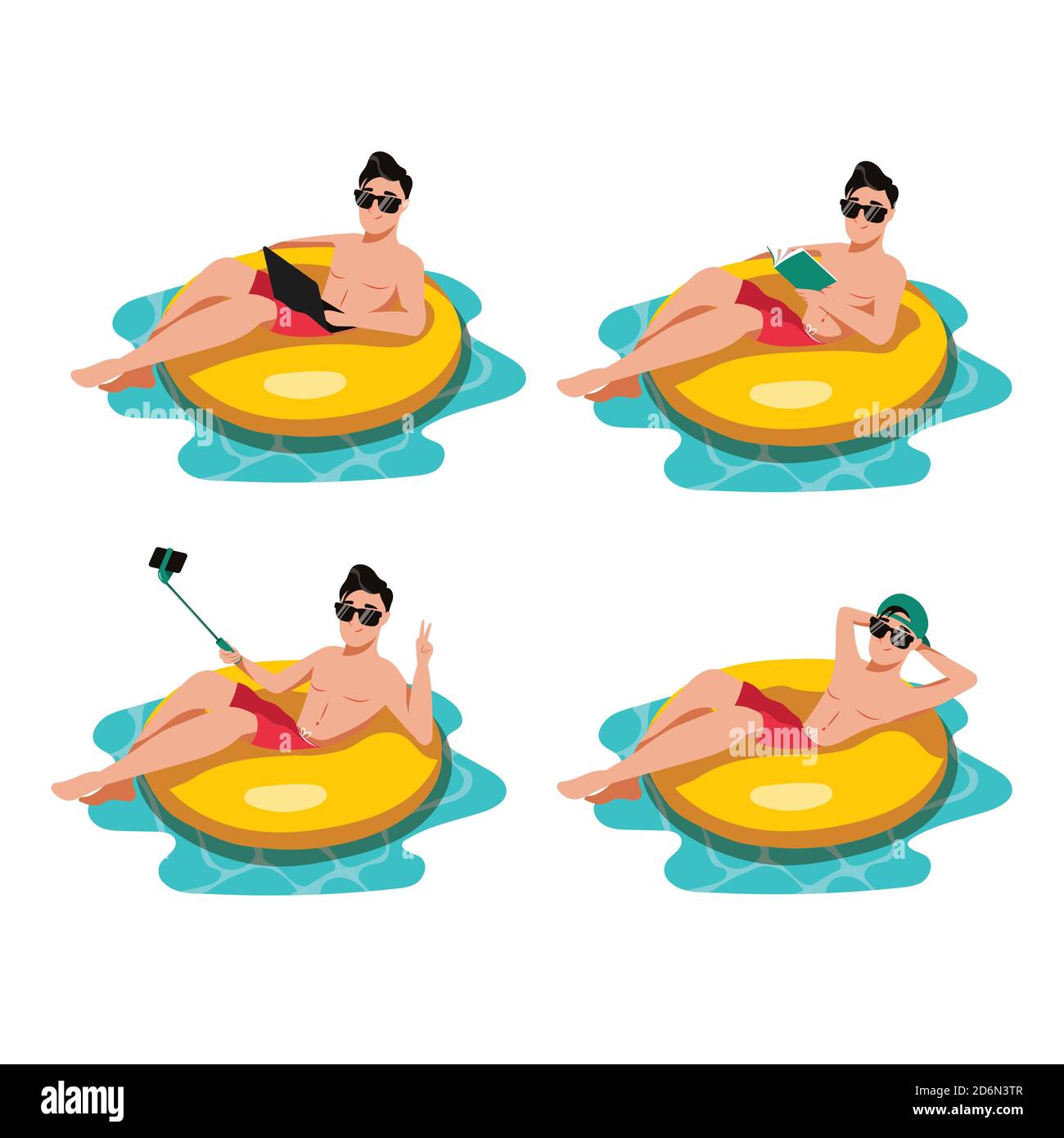 Joyeux jeune gars nageant sur l'anneau gonflable jaune dans la piscine. Jeu d'illustrations vectorielles de dessins animés à plat, isolées sur fond blanc. Plage d'été v Illustration de Vecteur