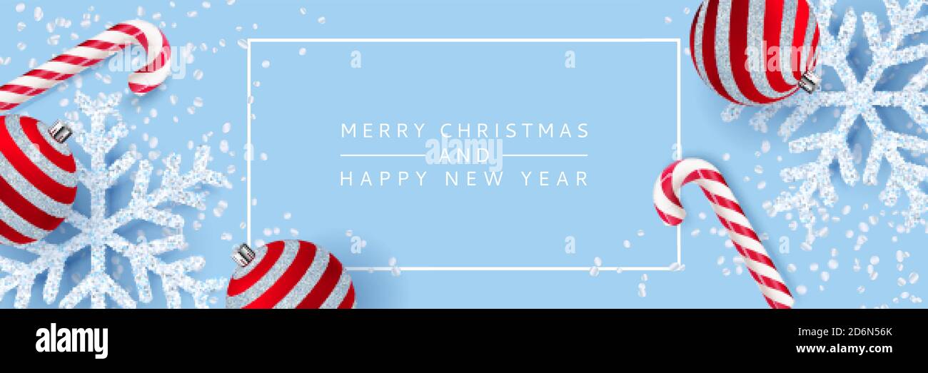 Joyeux Noël, bonne affiche de la nouvelle année, bannière fond bleu. Vecteur 3d illustration réaliste des flocons de neige blancs, des boules rouges et des bâtons rayés Illustration de Vecteur