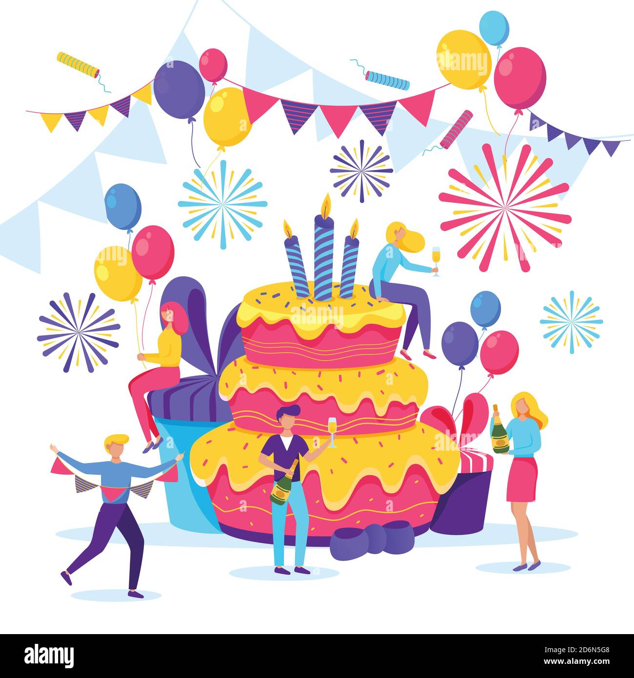 Des Jeunes Heureux Celebrant Un Anniversaire Illustration De Dessin Anime A Plan Vectoriel Les Hommes Et Les Femmes Ont Une Fete Amusante Avec Un Grand Gateau Rose Des Cadeaux Et Du Champagne
