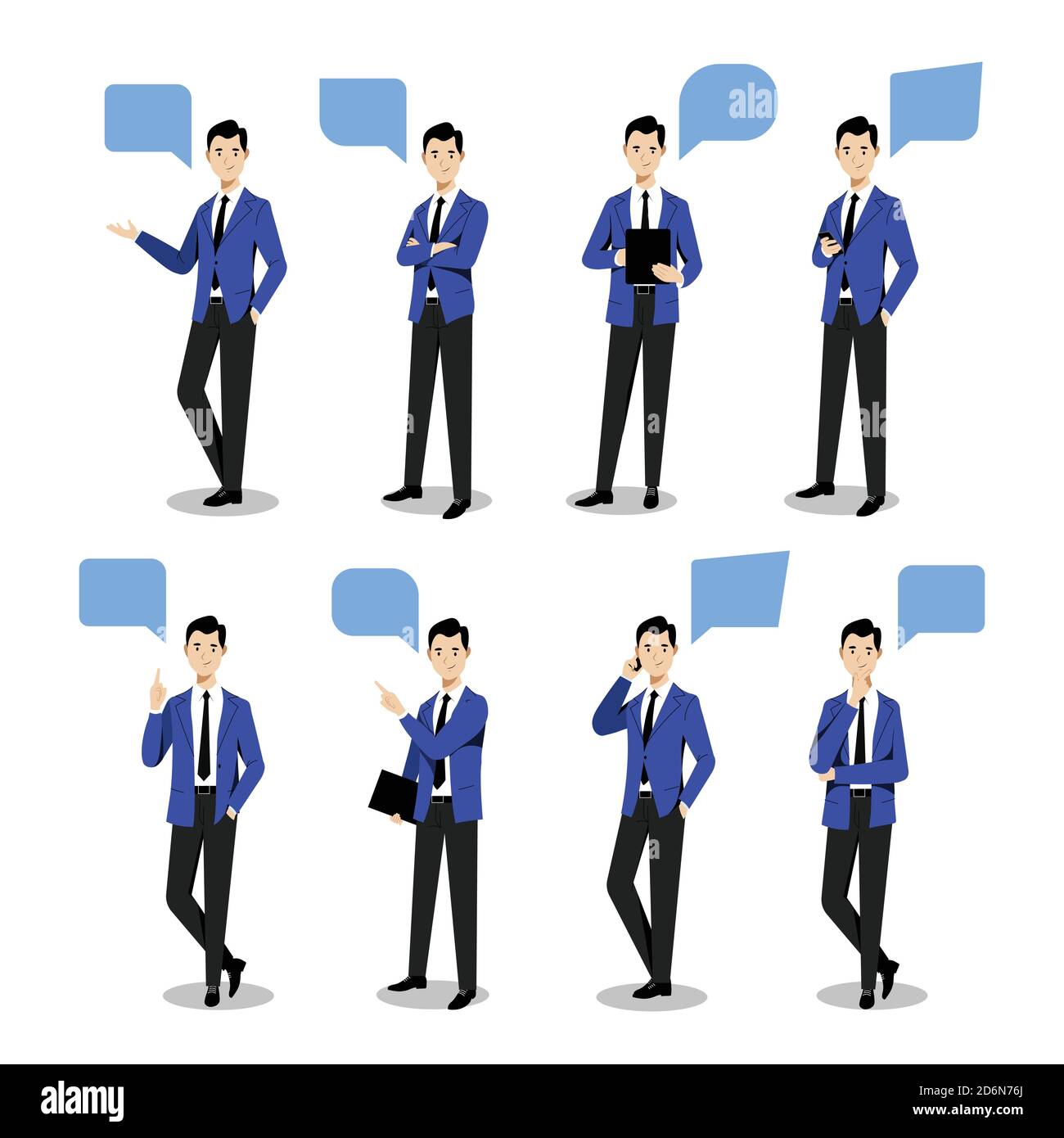Le jeune homme d'affaires se pose dans différentes poses, sur fond blanc. Illustration vectorielle plate. Personnage de dessin animé homme bleu, éléments de conception isolés. Illustration de Vecteur