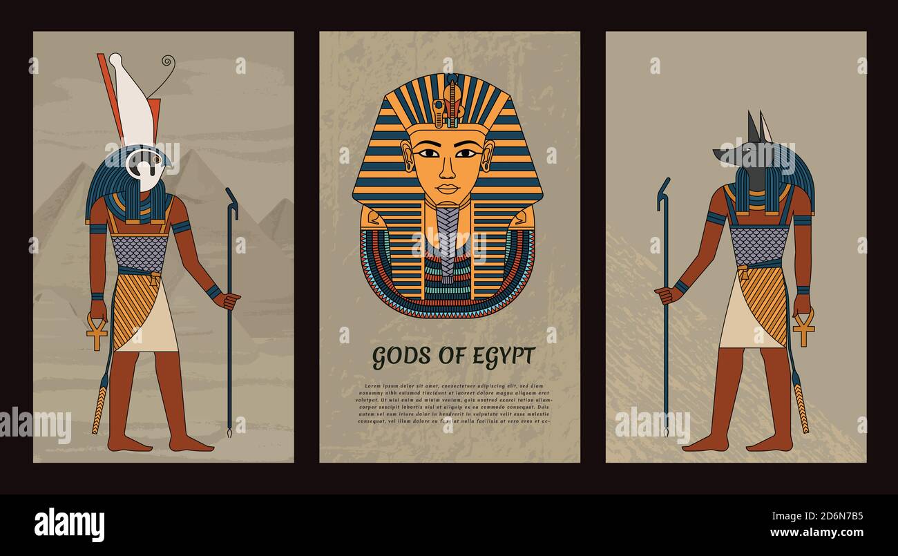 Illustration vectorielle des symboles des dieux égyptiens anciens Anubis et Horus, et masque de pharaon Toutankhamon. Dans un style vintage coloré. SPE 10. Illustration de Vecteur