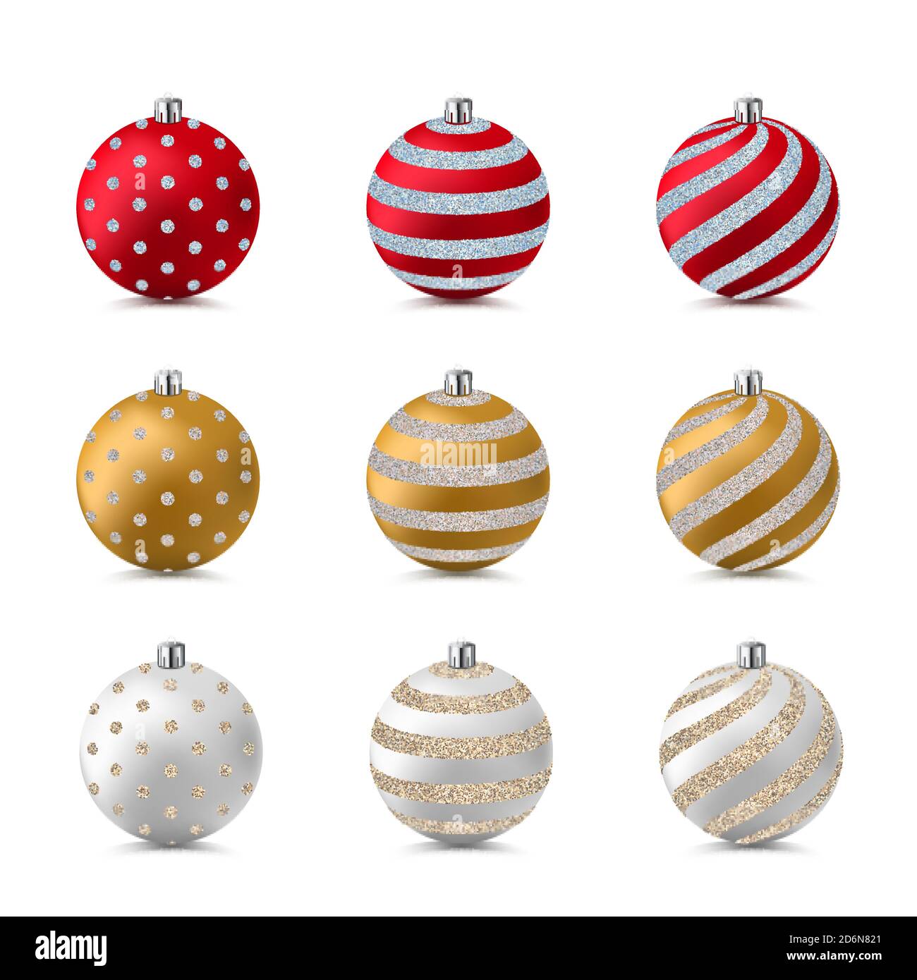 Décoration d'arbre de Noël et du nouvel an. Boules 3D réalistes avec motif brillant scintillant. Éléments de conception vectoriels. Golden, rouge et blanc vacances à Illustration de Vecteur