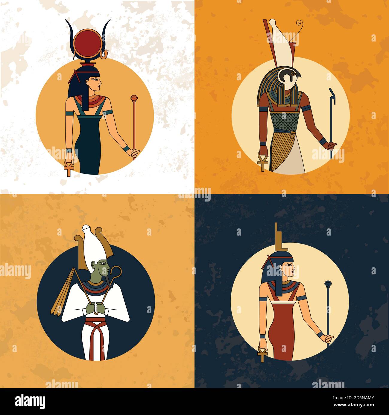 Illustration des dieux et des symboles de l'Égypte ancienne isolée sur fond vintage. Dieux égyptiens et la divinité Hathor, Horus, Osiris et Illustration de Vecteur