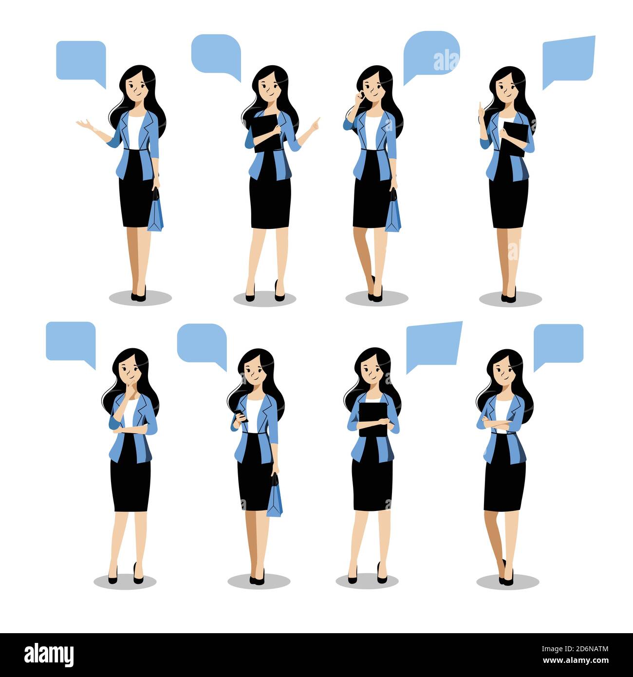 Jeune femme d'affaires se pose dans différentes poses, sur fond blanc. Illustration vectorielle plate. Personnage de dessin animé femelle dans blazer bleu et jupe noire, i Illustration de Vecteur