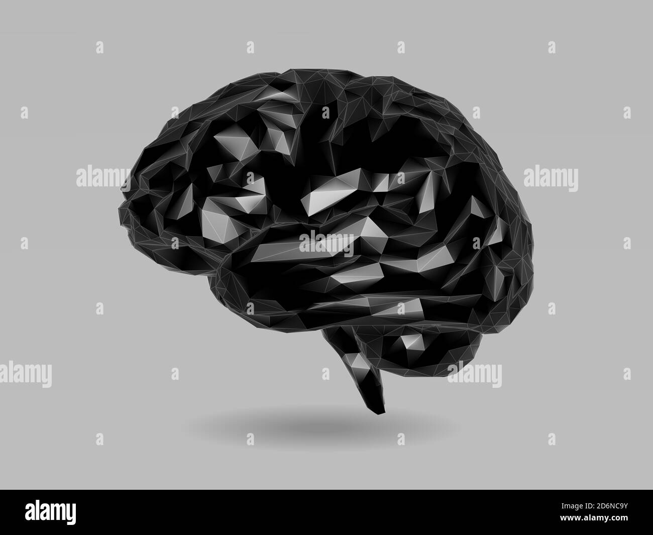 Cerveau noir brillant à faible poly stylisé avec ombrage 3D et illustration filaire sur fond gris Banque D'Images